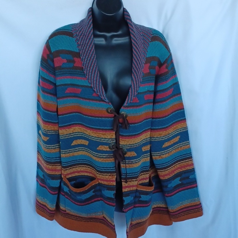 Back in the Saddle Chocolate & Turquoise Aztec Print Cardigan Sz XL. EUC, 26"PTP